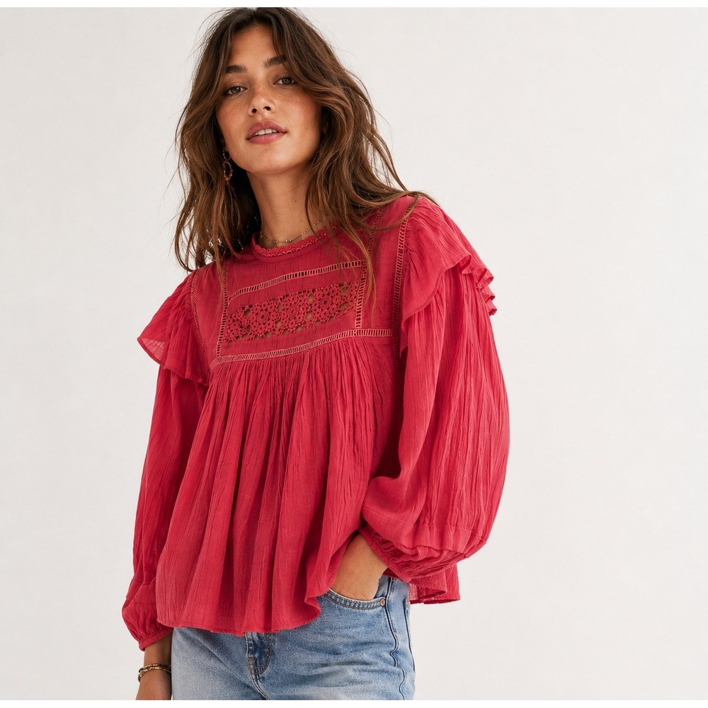 Free People Laura Cotton Gauze Crochet Lace Ruffle Boho Blouse OB1024231 Size L